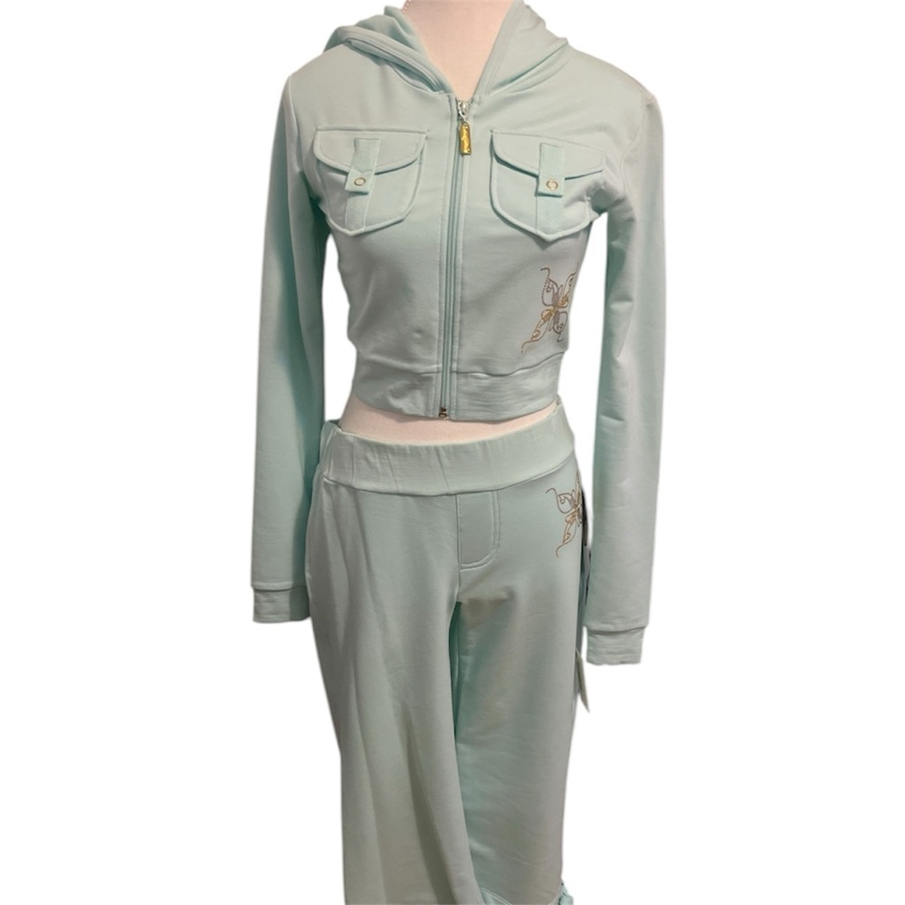 Light Teal baby phat turquoise Y2K Tracksuit set capris cropped zip